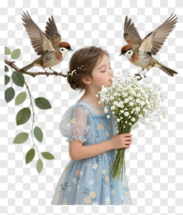 Girl Holding A Bouquet Of Flowers With Birds PNG