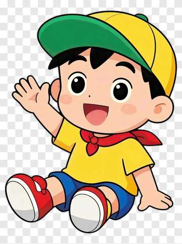 Cartoon Boy Waving In A Yellow Cap PNG