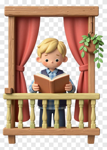 Cartoon Boy Reading A Book At A Window PNG