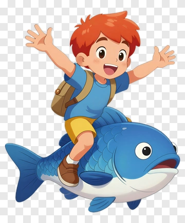 Cartoon Boy Riding A Fish PNG