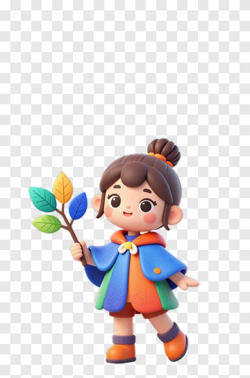 Cartoon Girl Holding Colorful Leaves PNG
