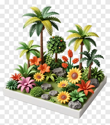 Colorful Tropical Garden Scene With Flowers And Palm Trees PNG