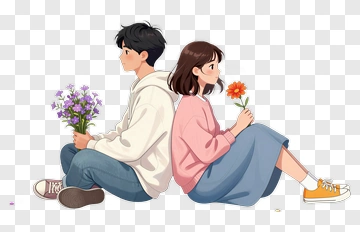 Couple Sitting Back To Back With Flowers PNG