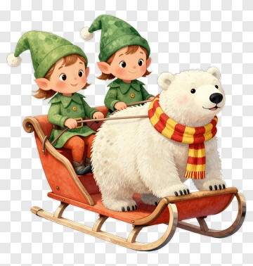 Cartoon Elves Riding A Polar Bear On A Sleigh PNG