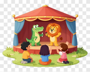 Children Watching A Puppet Show With A Dinosaur And Lion PNG