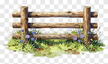 Wooden Fence Surrounded By Grass And Flowers PNG