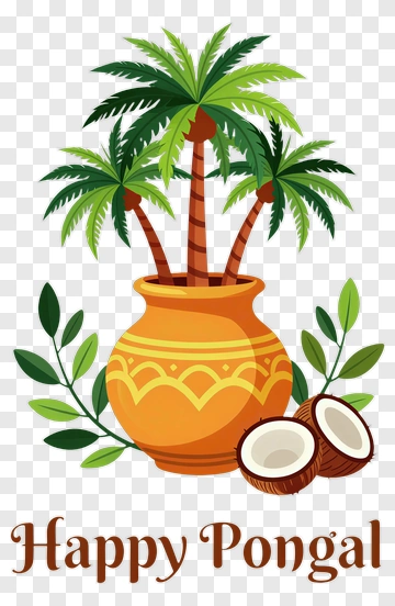 Happy Pongal Pot With Coconut And Palm Trees PNG