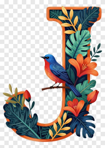 Colorful Letter J With Bird And Flowers PNG
