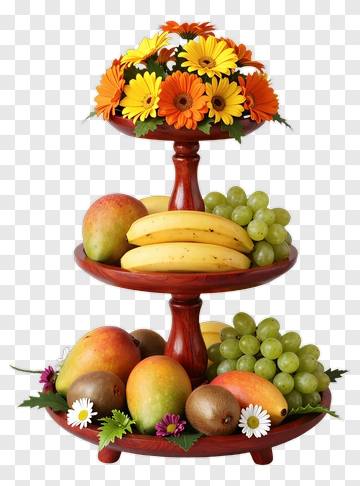 Fruit And Flower Display On A Wooden Stand PNG