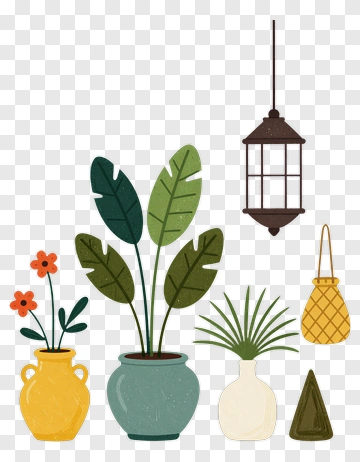 Decorative Plants And Lantern PNG