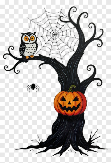 Halloween Tree With Owl And Pumpkin PNG