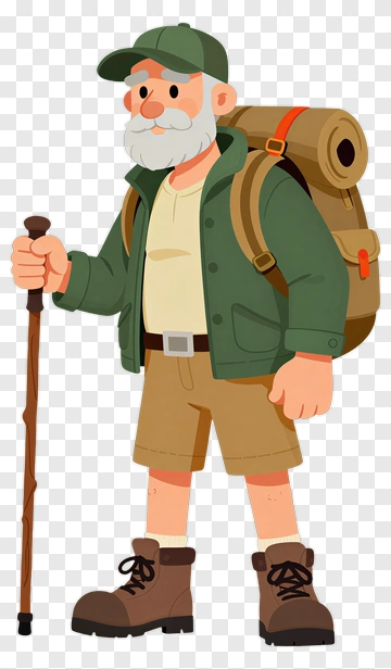 Cartoon Hiker With Backpack And Walking Stick PNG