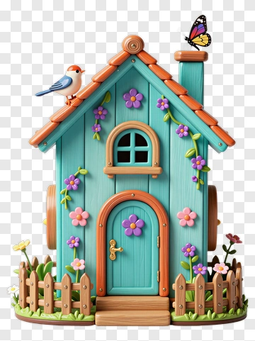 Colorful Birdhouse With Flowers And A Butterfly PNG