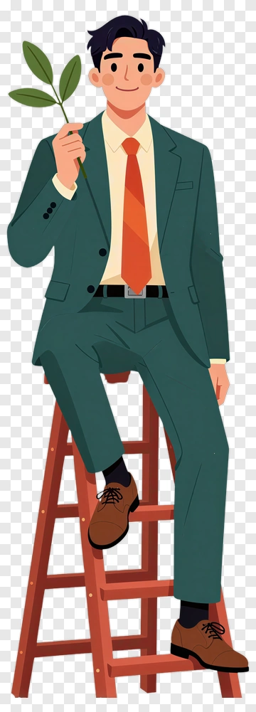 Businessman Sitting On A Ladder Holding A Green Leaf PNG