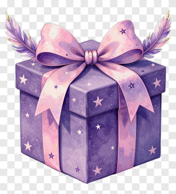 Purple Gift Box With Ribbon And Feathers PNG