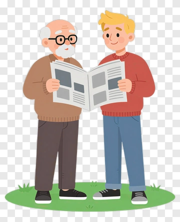 Grandfather And Grandson Reading Together PNG