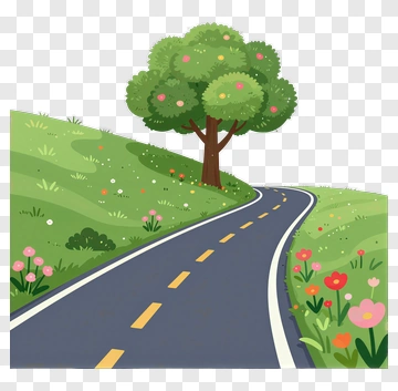 Winding Road Through A Green Landscape With Flowers PNG