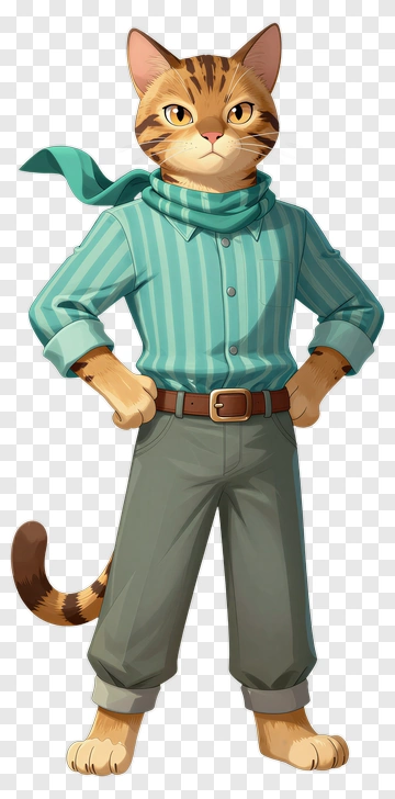 Stylish Cat Wearing A Scarf And Striped Shirt PNG