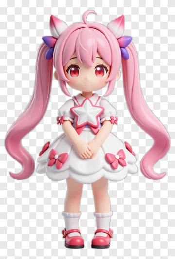 3D Kawaii Character With Pink Hair And Star Dress PNG