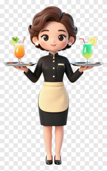 Cartoon Waitress Holding Two Drinks PNG
