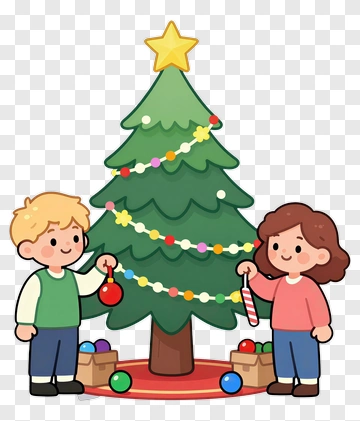 Cartoon Children Decorating A Christmas Tree PNG