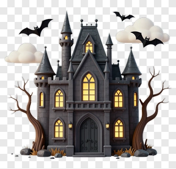 Cartoon Haunted Castle With Bats And Clouds PNG