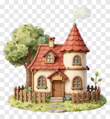 Cartoon House With Tree And Fence PNG