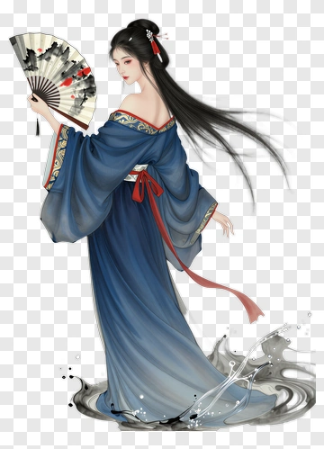 Elegant Woman In Traditional Kimono Holding A Fan PNG