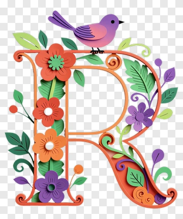 Colorful Floral Letter R With Bird PNG