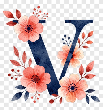 Floral Letter V With Watercolor Flowers PNG