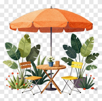 Outdoor Cafe Table Under An Orange Umbrella PNG