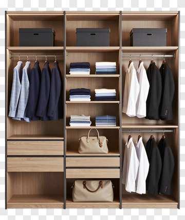 Wooden Closet With Suits And Accessories PNG