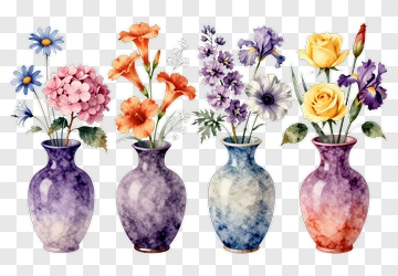 Colorful Flower Vases With Mixed Blooms PNG
