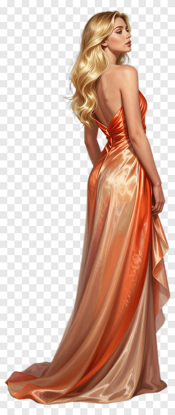 Elegant Woman In Orange Satin Dress PNG