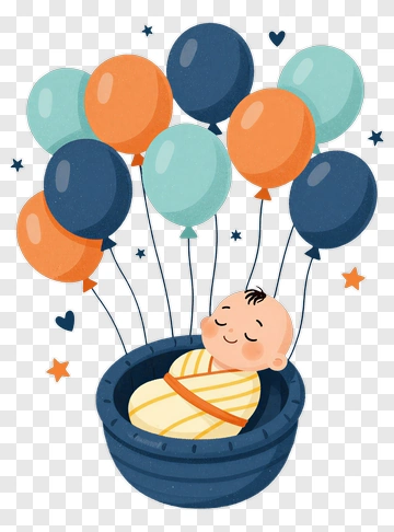 Baby In A Basket Surrounded By Colorful Balloons PNG