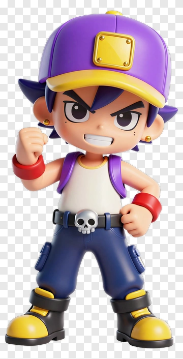 3D Cartoon Boy With Purple Cap And Skull Belt PNG