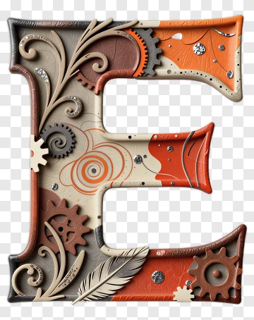 Decorative Letter E With Gears And Swirls PNG