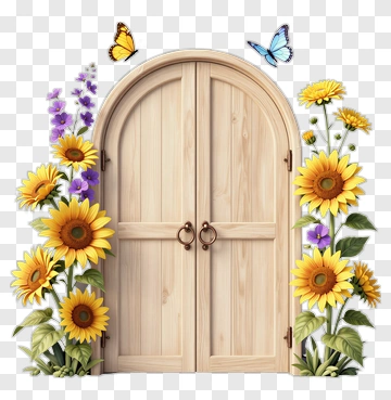 Wooden Door Surrounded By Sunflowers And Butterflies PNG