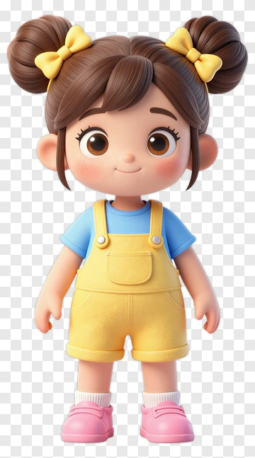 3D Girl In Yellow Overalls And Blue Shirt PNG
