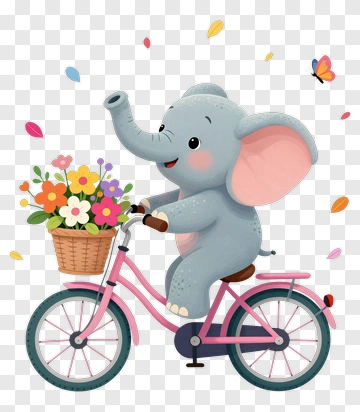 Cartoon Elephant Riding A Bicycle With Flowers PNG