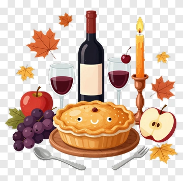 Thanksgiving Pie With Wine And Fruits PNG