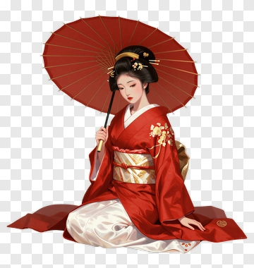 Japanese Woman In Red Kimono Holding A Parasol PNG