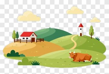 Cartoon Farm Landscape With Cow And Barn PNG