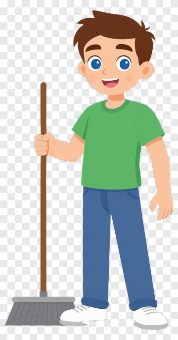 Cartoon Boy Holding A Broom PNG