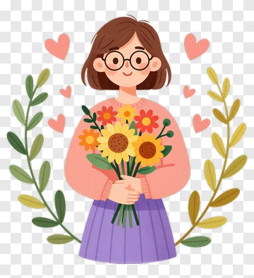 Cartoon Girl Holding A Bouquet Of Flowers PNG