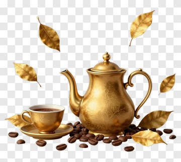 Golden Teapot With Coffee Beans And Leaves PNG