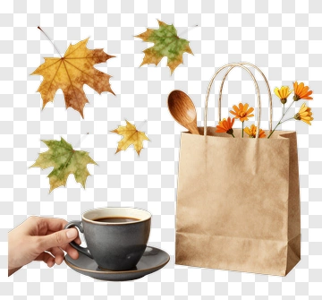 Coffee Cup With Autumn Leaves And Paper Bag PNG