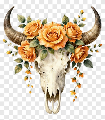 Cow Skull Decorated With Orange Roses PNG