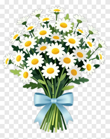 Flower Bouquet With White Daisies And Blue Ribbon PNG