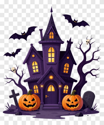 Halloween Haunted House With Pumpkins And Bats PNG